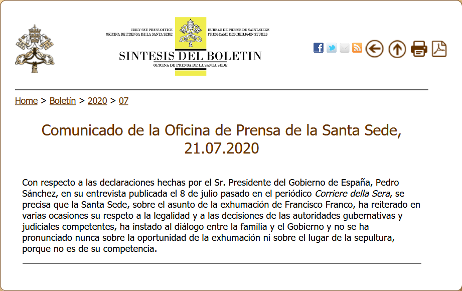 La Santa Sede vuelve a desmentir al presidente Snchez respecto a la exhumacin de Francisco Franco