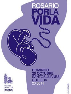 Dos jvenes disean un cartel provida de un beb con un cordn umbilical en forma de rosario