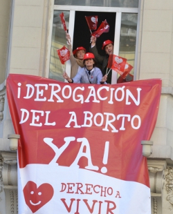 Derecho a Vivir coloca una pancarta pidiendo la derogacin de la ley del aborto en un hotel frente al Congreso