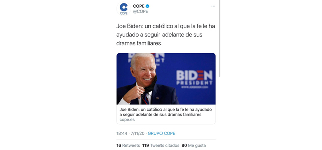 COPE, elimina polémico artículo laudatorio a Biden