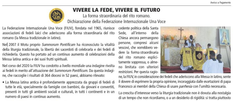 La Federación Internacional Una Voce defiende el «Summorum Pontificum» en el diario La Repubblica