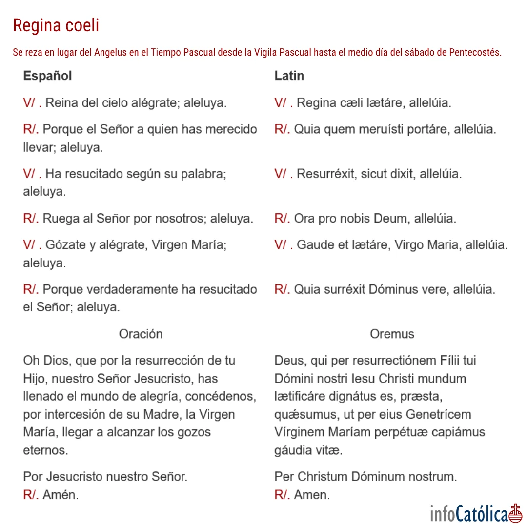 Oración del Regina Coeli español-latin